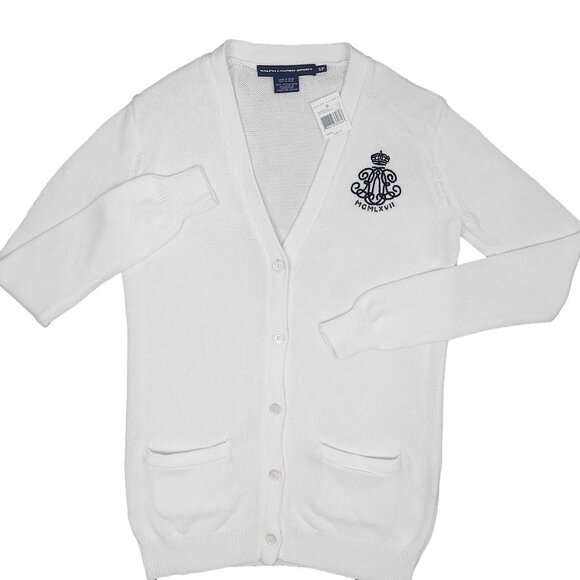 NEW Polo Ralph Lauren Cardigan Sweater!  White  Embroidered Crest & Crown  Long - Picture 1 of 2